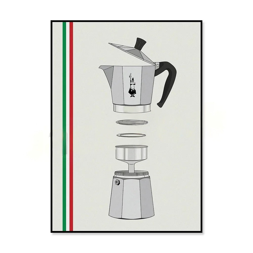 Bialetti Vietri Moka Pot Illustratie | Espresso Maker Muurdecoratie | Italiaanse keuken Wanddecoratie Poster