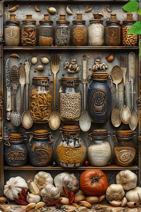 Vintage Kitchen Poster | Muurdecoratie Keuken | Knoflook, Uien & Specerijen | Wanddecoratie Retro
