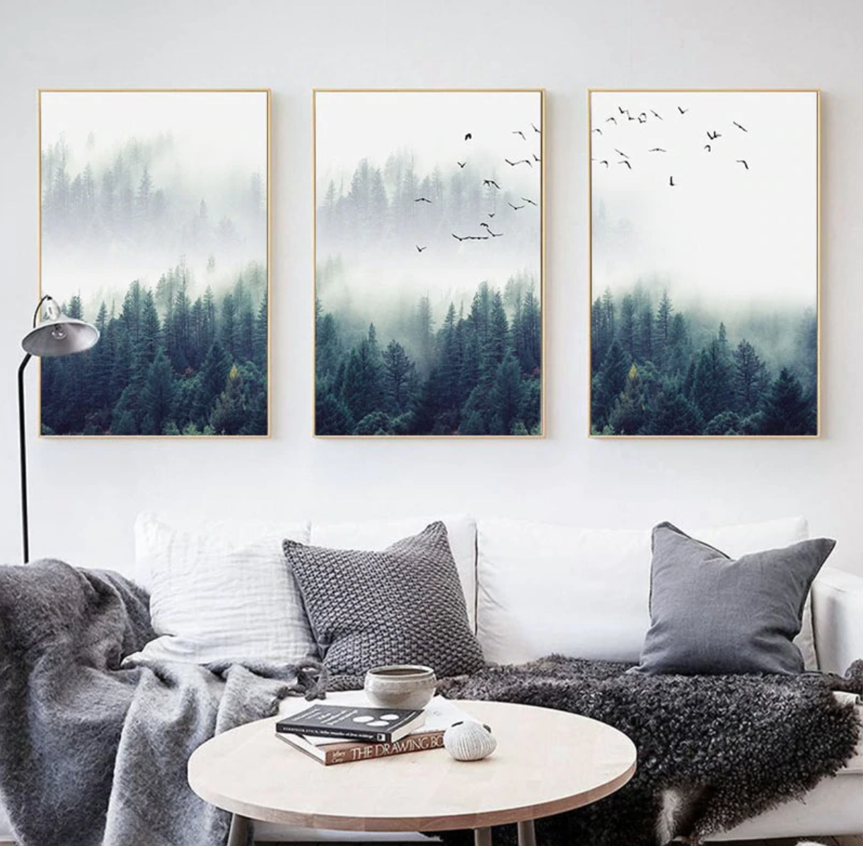 Birds in Deep Fog | Posterset Drieluik | Natuur Wanddecoratie | Muurdecoratie Mistig Bos | Muurkunst
