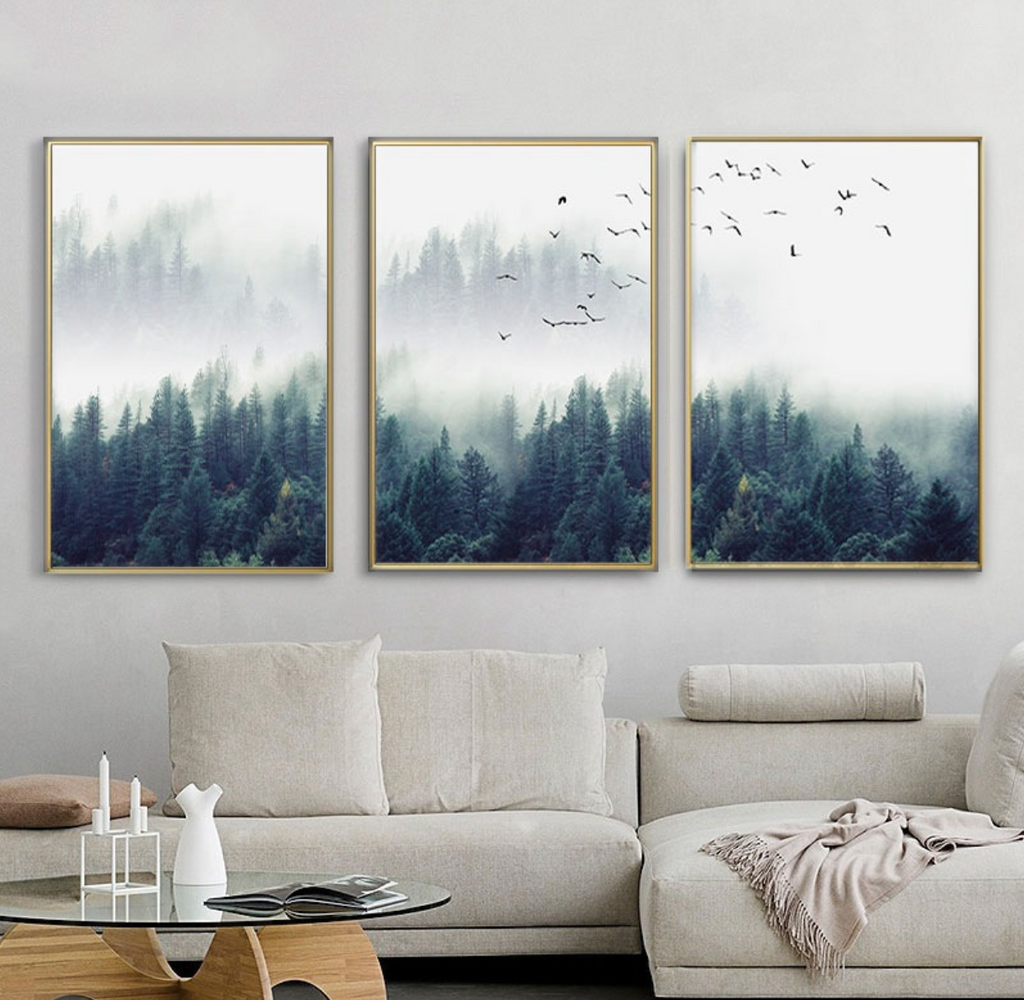 Birds in Deep Fog | Posterset Drieluik | Natuur Wanddecoratie | Muurdecoratie Mistig Bos | Muurkunst