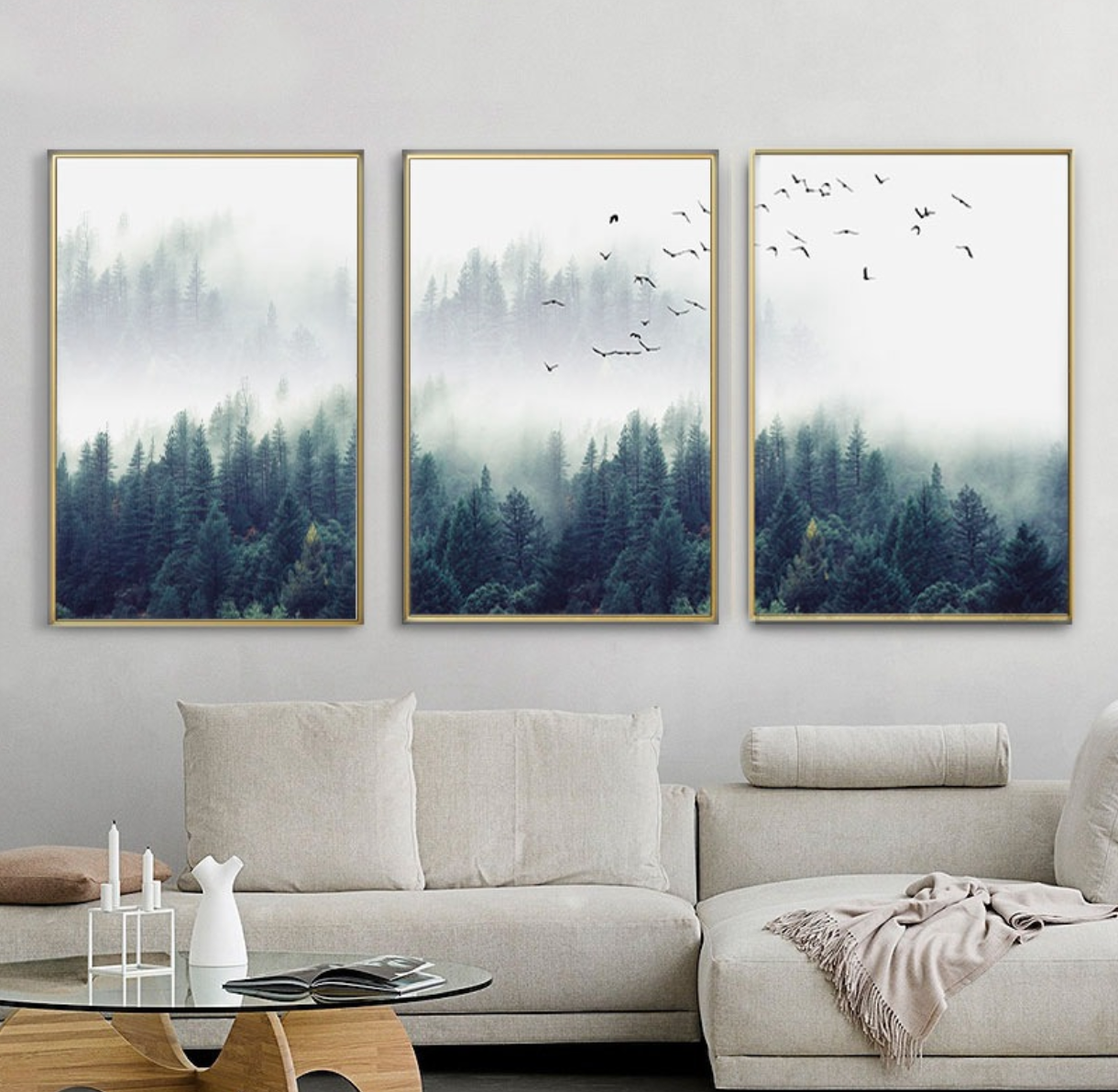 Birds in Deep Fog | Posterset Drieluik | Natuur Wanddecoratie | Muurdecoratie Mistig Bos | Muurkunst