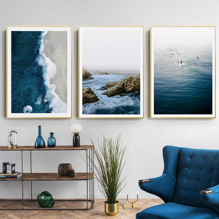 Ocean Waves | Zeegezicht Muurdecoratie | Poster Strandscène | Blauwe Water Print | Nautische Wanddecoratie | Rustige Schilderijen voor Woonkamer of Slaapkamer