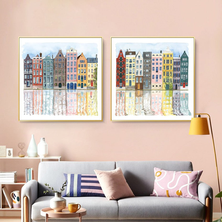 Amsterdam Canal Scene poster | Stadsschilderij | Muurdecoratie | Urban Landschap kunst | Wanddecoratie
