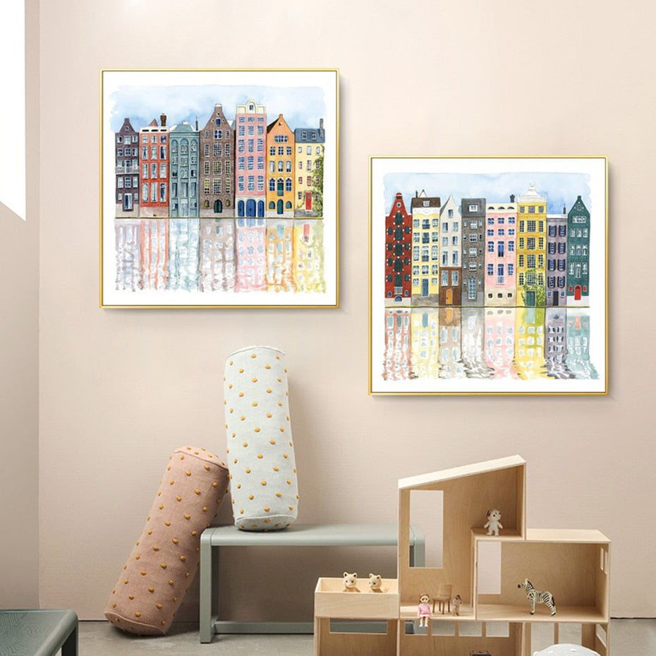 Amsterdam Canal Scene poster | Stadsschilderij | Muurdecoratie | Urban Landschap kunst | Wanddecoratie