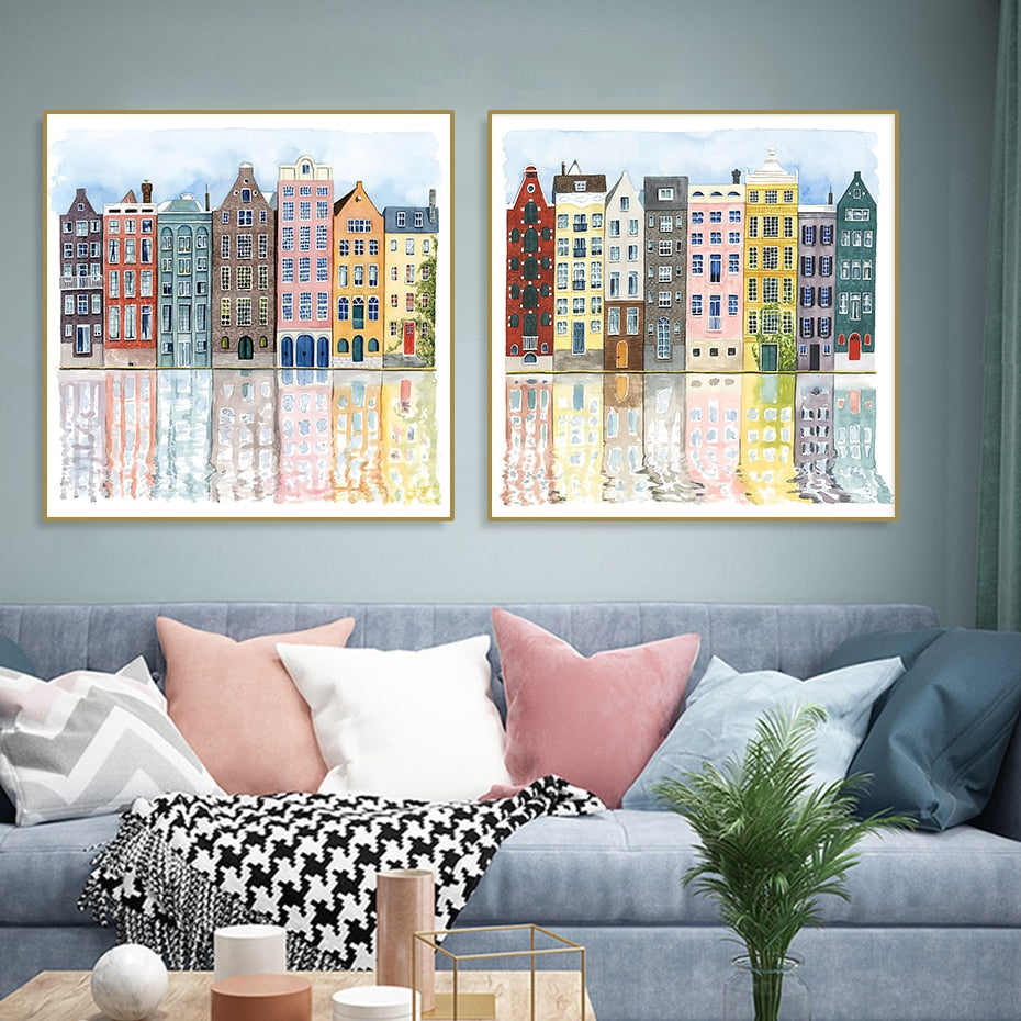 Amsterdam Canal Scene poster | Stadsschilderij | Muurdecoratie | Urban Landschap kunst | Wanddecoratie