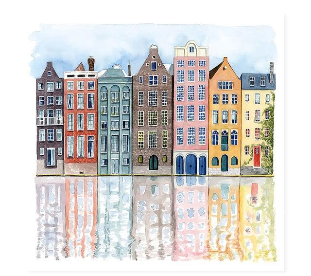 Amsterdam Canal Scene poster | Stadsschilderij | Muurdecoratie | Urban Landschap kunst | Wanddecoratie