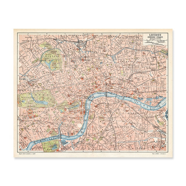 Vintage City Maps | Retroposter Muurdecoratie | Stadsontwerp Schilderijen | Retro Cartografie Kunst