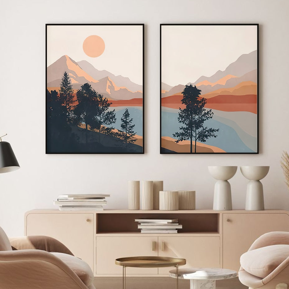 Illustrated Mountainscape | Landschap Posters Duo | Muurdecoratie | Nature Wanddecoratie | Artistieke Print Collectie