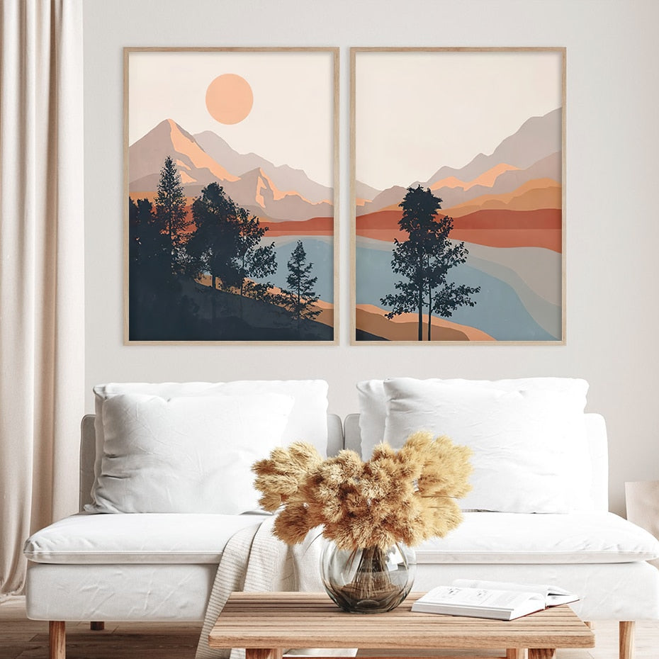 Illustrated Mountainscape | Landschap Posters Duo | Muurdecoratie | Nature Wanddecoratie | Artistieke Print Collectie