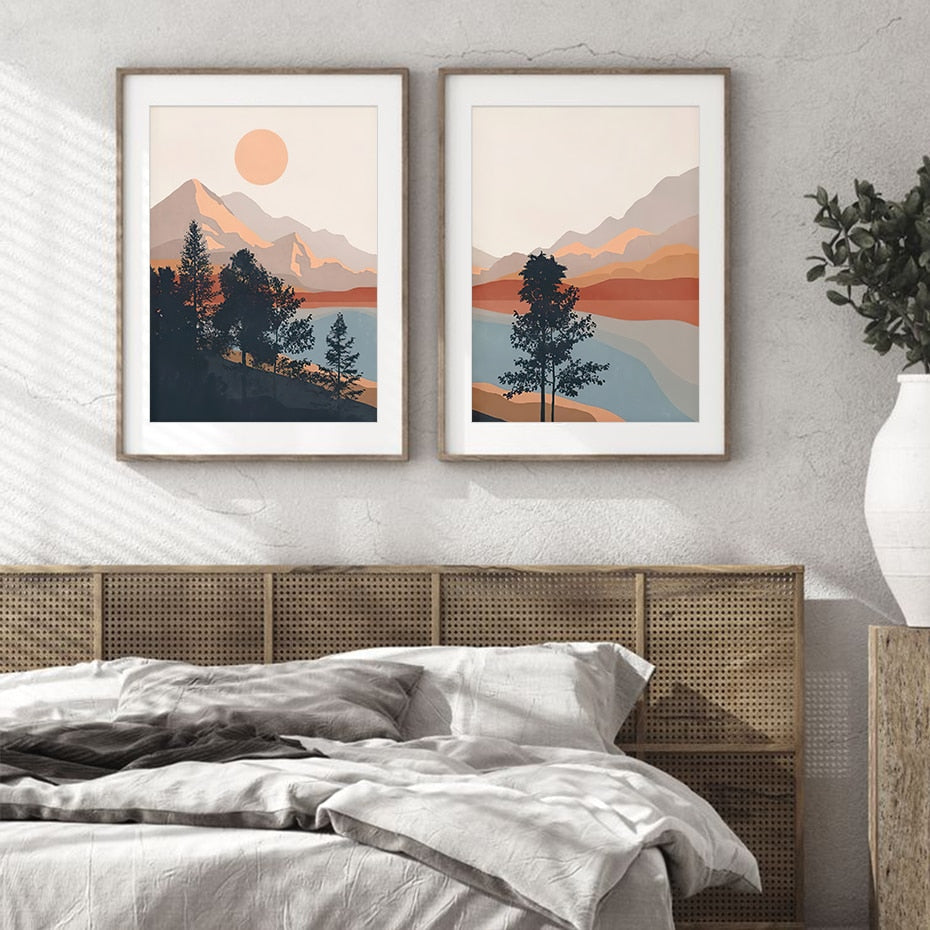 Illustrated Mountainscape | Landschap Posters Duo | Muurdecoratie | Nature Wanddecoratie | Artistieke Print Collectie