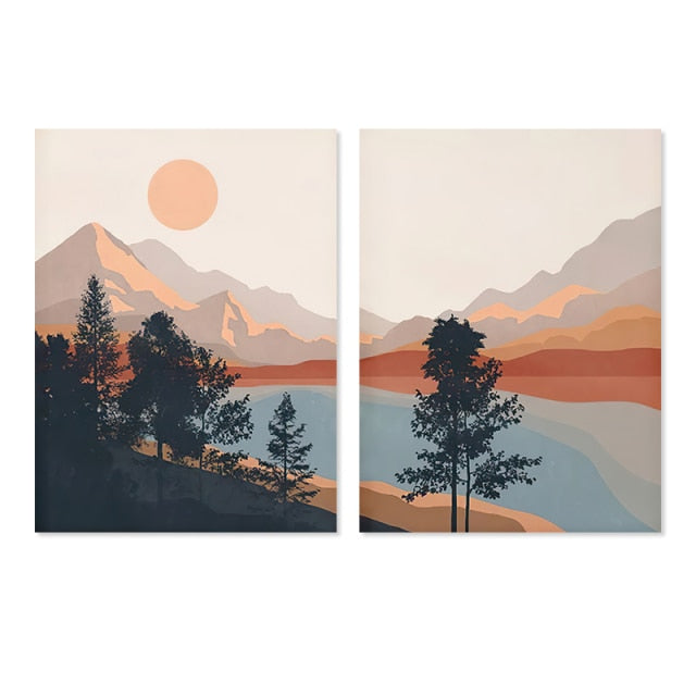 Illustrated Mountainscape | Landschap Posters Duo | Muurdecoratie | Nature Wanddecoratie | Artistieke Print Collectie