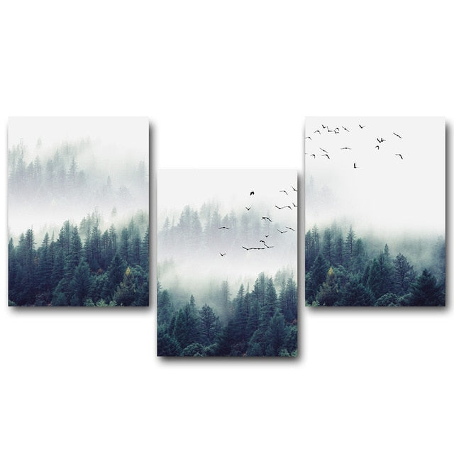 Birds in Deep Fog | Posterset Drieluik | Natuur Wanddecoratie | Muurdecoratie Mistig Bos | Muurkunst